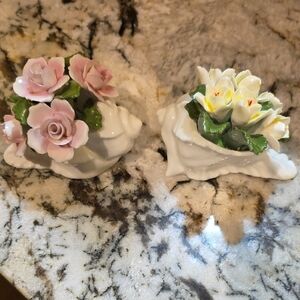 Aynsley England Set of 2 Hand Painted Fine Bone China Sea Shells with Flowers